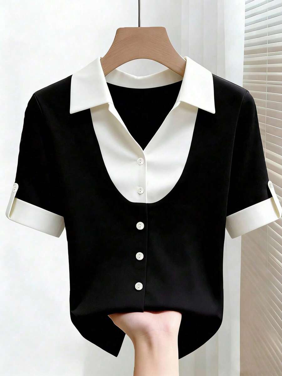 SHEIN Franclia 女士纯色拼接 Polo 领短袖 T 恤,通勤休闲短袖衬衫领纽扣上衣,2026 春夏新款上衣 - 彩色 - 查看 1
