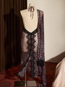 Slumberist Sexy Spaghetti Strap Leopard Print Mesh Lace Trim Slit Maxi Robe, Plus Size - Multicolor - View 4