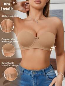 SHEIN Strapless Non-Slip Padded Bralette, Lift & Enhance Small Bust, Underwire Bra, Convertible Wear, Comes With Invisible Shoulder Straps - Khaki - View 6