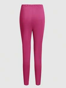 TaskEZ Solid Color Minimalist V-Neck Double Pocket T-Shirt And Casual Pants Uniform Set - Hot Pink - View 6