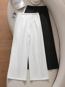 SHEIN Sparklyn 2条装 女童休闲度假海滩乡村旅行日常穿着宽松喇叭裤 - 黑色 - 查看 2