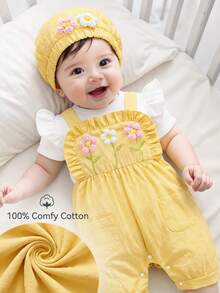 SHEIN Playful Pals Baby Girls' Cute 3D Floral Embroidery Ruffle Sleeve Romper & Hat 2pcs Set, Summer - Yellow - View 10