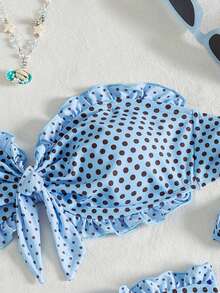 SHEIN Swim Marineblau gepunktetes 2 Stücke Bikini-Set für Frauen, Sommer, tropischer Strandurlaub, Urlaub, hohe Taille, Dreieck, Bandeau, trägerlos, vordere Schleife, luftig - Blau - Übersicht 8