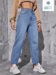 SHEIN EZwear 女士休闲日常通勤极简高腰水洗修身牛仔裤 - 淺色水洗藍 - 查看 5