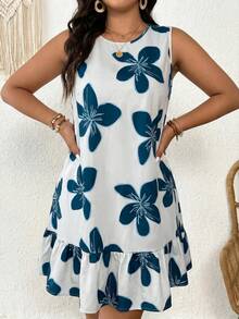 SHEIN Frenchy Vestido de vacaciones con estampado floral y volantes para mujer de talla grande - Agua verde azul - Ver 4