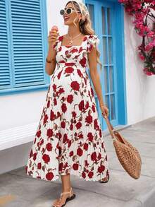 SHEIN Robe de maternité imprimée fleurs, drapée, décontractée, pour les vacances - Blanc - Voir 12