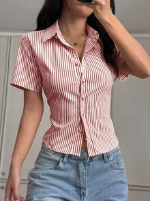 SHEIN Áo sơ mi nữ ChicEase kiểu Pháp dáng ôm, kẻ sọc vàng trắng, tay ngắn, thanh lịch, thích hợp mặc công sở. - Đỏ - Xem 6