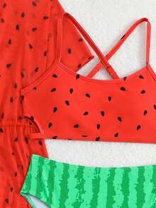 SHEIN Tween Girls 3 PiecesWatermelon Print Bikini Set,Knit Fabric Short Sleeve Rash Guard,Red,Summer,Cute,Beach,Holiday,Fashionable & Elegant,Swimming,Pool - Multicolor - View 5