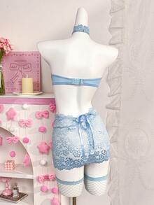 SHEIN 4pcs/Set Seductive Lace Underwire Lingerie Set Honeymoon Party Blue Summer - Blue - View 6