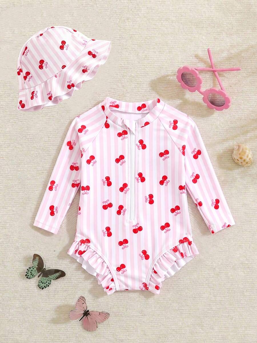 SHEIN Bộ đồ bơi liền thân xếp nếp hình quả anh đào dễ thương cho bé gái sơ sinh - Màu Hồng baby - Xem 1