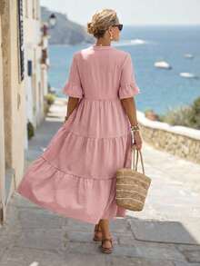 Faunlyn Vestido casual suelto de mujer con cuello en V, mangas acampanadas y volante en el bajo - Rosa - Ver 2