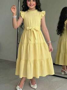 Tween Girls' Casual Vacation Elegant Fashion Solid Color Round Neck Ruffle Hem Fitted Dress, Spring/Summer - Yellow - View 3