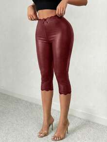 SHEIN SXY 蕾丝边饰红色仿皮拼接修身七分裤 - 紅色 - 查看 3