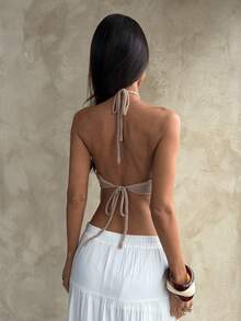 Aloruh Áo croptop dệt kim thủ công trang trí tua rua, kiểu dáng boho gợi cảm mới cho nữ mùa hè. - Màu Khaki - Xem 2