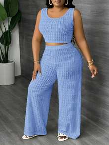 Slaydiva Plus Size Solid White Long Casual Vest And Wide Leg Pants 2 Pieces Set, Spring/Summer - Baby Blue - View 5