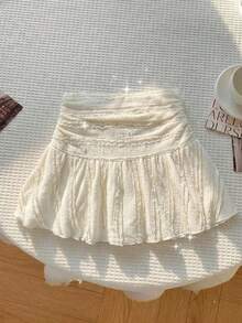 SHEIN Tween Girl Casual Knit Textured Drawstring Waist Ruched Hem Skirt - Beige - View 2