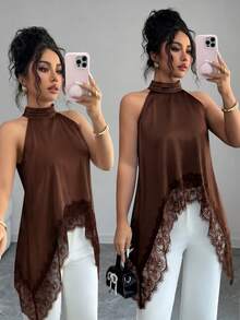 SHEIN Elenzya 女士蕾丝拼接露背休闲百搭日常衬衫 - 棕色 - 查看 6