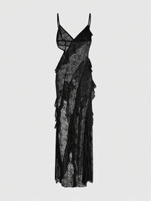 ROMWE Goth Style Women's Long Lace Knit Sheer Hollow-Out Sexy Dress - Black - View 2