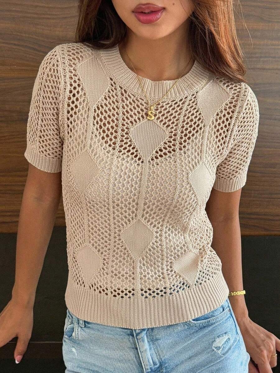 DAZY 女款純色鏤空V領短袖優雅度假開襟衫,春秋Y2K風 - 杏色 - 查看 1
