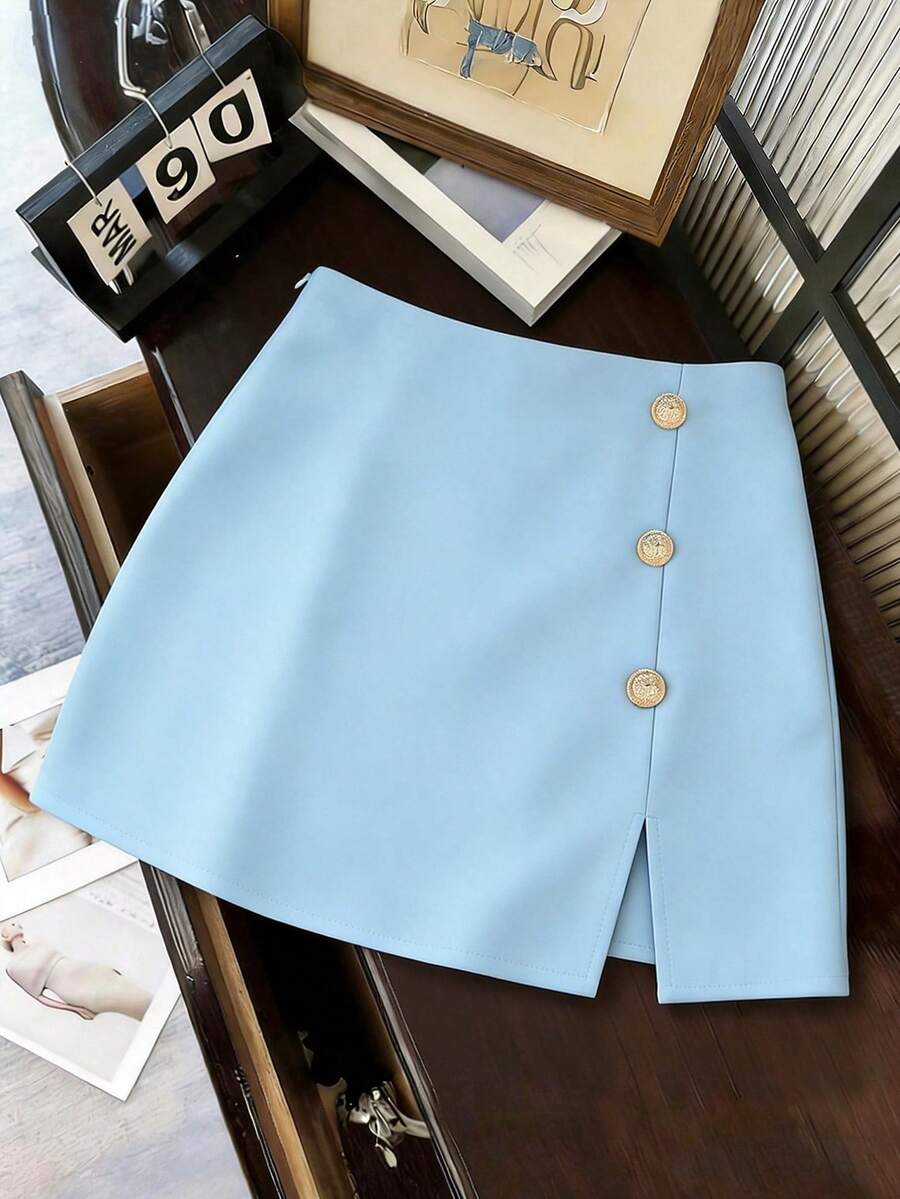 SHEIN Women's Solid Color Button Casual Versatile Daily Wear Mini Skirt - Baby Blue - View 1