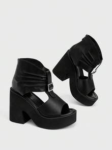 Sugerpunk Giày sandal cao gót đế xuồng gợi cảm thời trang dành cho nữ, kiểu dáng mùa hè thu, có khóa kéo phía sau, thích hợp cho lễ hội, tiệc tùng, kỳ nghỉ, hở mũi, đế dày, có túi xách. - màu đen - Xem 5