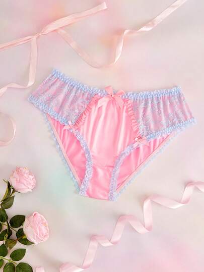 Elorette Plus Size Satin Lace Patchwork Bow Contrast Color Kawaii Cute Coquette Babydoll Panties