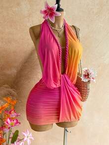 Soleia Đầm ngắn gợi cảm hở lưng, cổ yếm, kiểu ombre dành cho nữ, thích hợp cho hẹn hò và tiệc tùng. - Nhiều màu - Xem 3