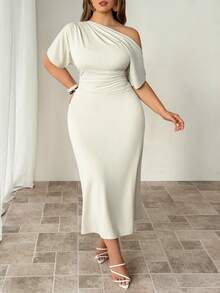 Auralis Robe élégante de grande taille, col asymétrique de couleur unie, été - Nude - Voir 4
