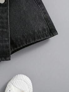 SHEIN Young Girl Casual Versatile Button Asymmetrical Hem Denim Skirt Shorts - Black - View 3