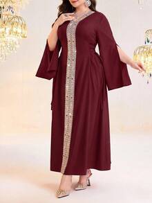 Al Najma Vestido de mujer de talla grande con estilo elegante árabe, parches y abertura en las mangas - Burdeos - Ver 5
