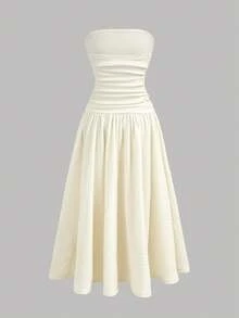 SHEIN Tween Girls Solid Ivory Textured Knit Ruffle Hem Strapless Dress,White,Summer,Elegant,Tea Party,Vacation,Holiday,Birthday,Graduation,Back To School - Apricot - View 3