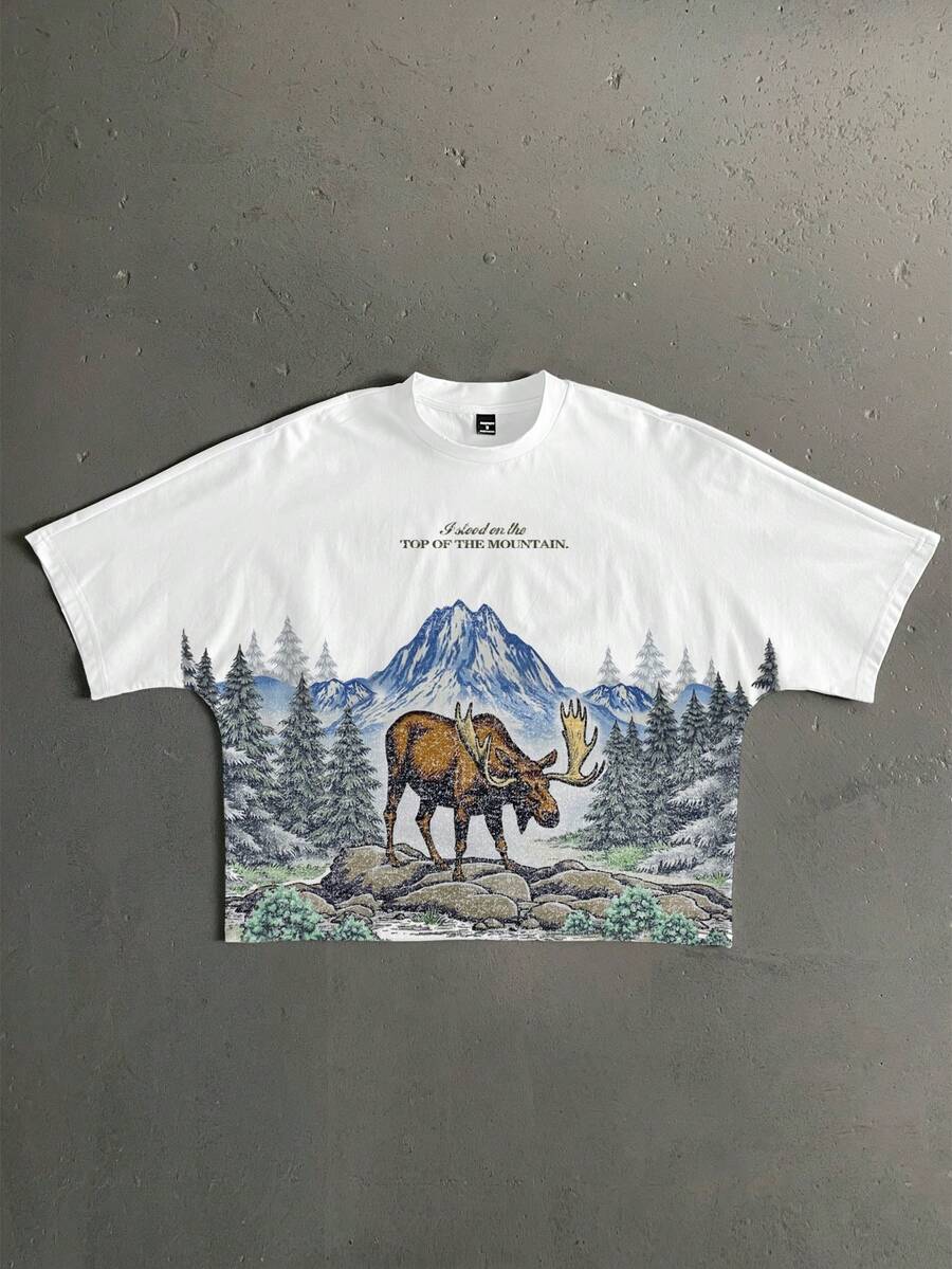 StoneGrade Retro American Outdoor Landscape & Deer Print Oversized Cropped Short Sleeve T-Shirt, Loose Fit Bat Wing Sleeve, White, Summer, Streetwear, City Break Gift, Holiday - White - View 1