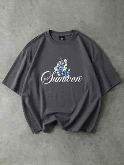 SUMWON Oversized Crew Neck T-Shirt With Blueberry Graphic Print And Script Logo, Casual Streetwear Top