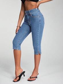 Jeanoix Petite Quần jean denim nữ dáng skinny dài 3/4, phong cách Y2K, thích hợp mặc hàng ngày đi làm. - Rửa nhẹ - Xem 3