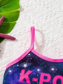SHEIN Young Girl Summer Beach Vacation K-Pop Star Sky Print Contrast Trim One-Piece Swimsuit - Purple - View 6