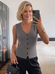 Vivie Lora Middle-Aged & Elderly Women's Solid Color Single-Breasted Vest Summer - Grey - View 3