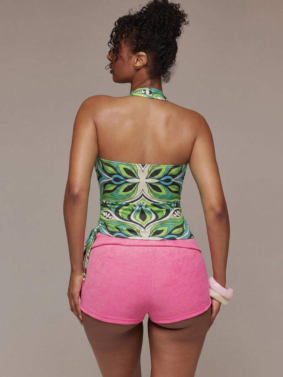 Green Contrast Slinky Printed Plunge Halterneck Tie Detail Fitted Top