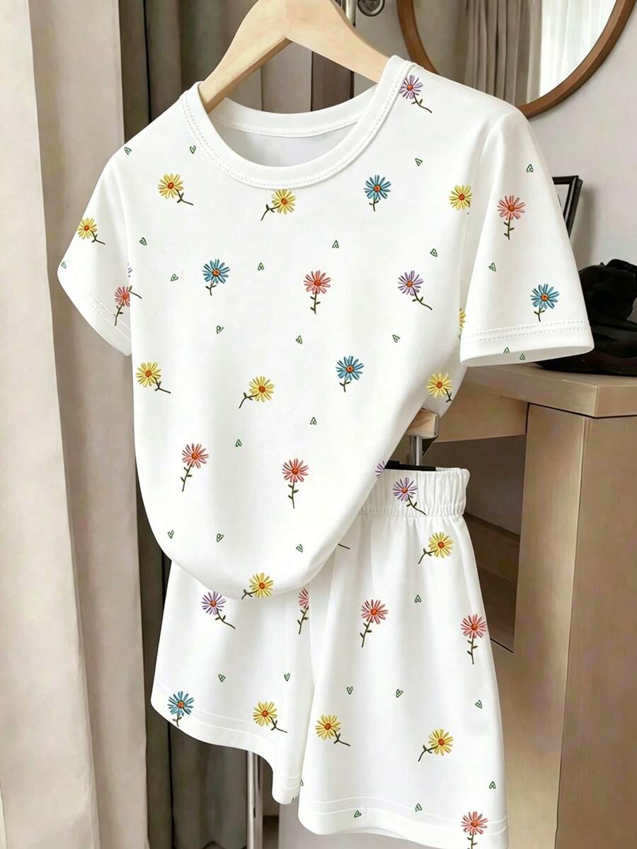 2件套女童可爱简约夏季韩版彩色雏菊印花圆领短袖T恤短裤套装,清新花卉休闲柔软舒适日常穿搭,度假乡村套装 - 白色 - 查看 1