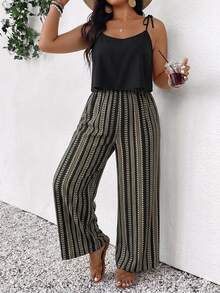 Lounesse Plus Size Women's Summer Beach Vacation Style Patchwork Print Twist Shoulder Wide Leg Jumpsuit - Multicolor - View 4