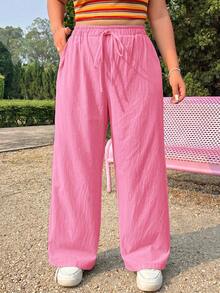 Comfortcana Pantalones anchos casuales de verano para mujer talla grande, de unicolor con cordón en la cintura - Rosa Fucsia - Ver 10