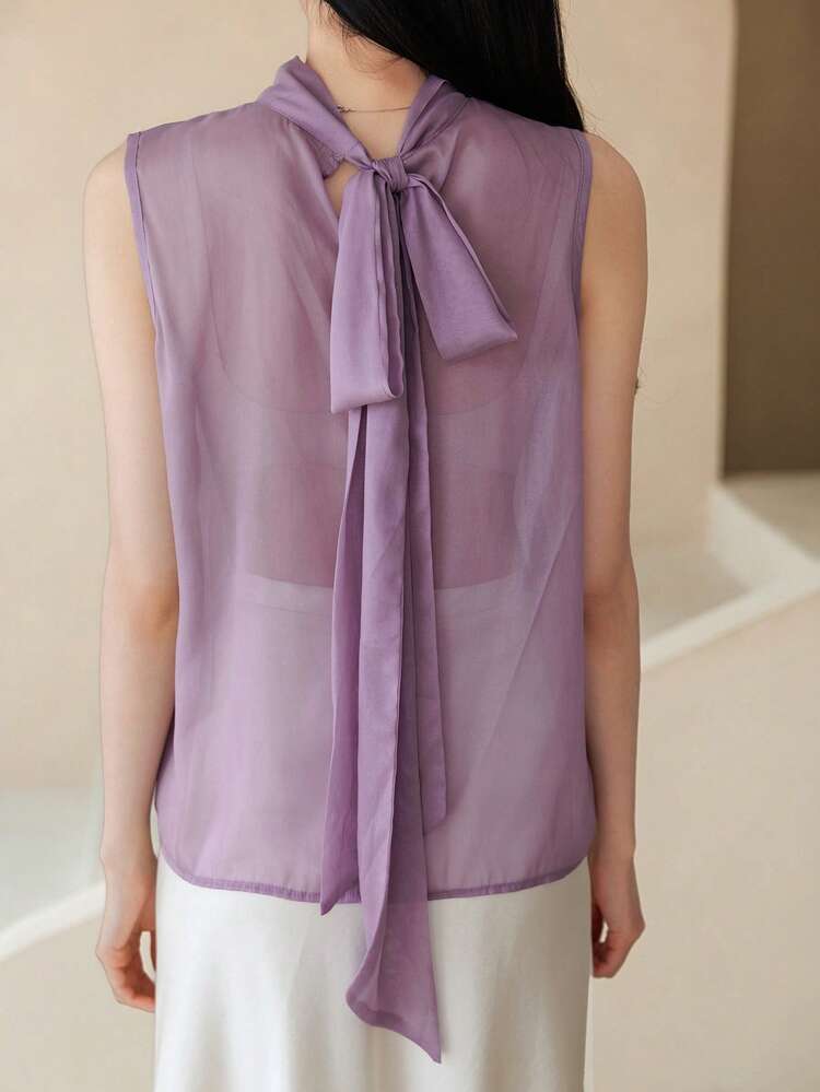Spring & Summer Casual Luxury Niche Chiffon Tie Neck Blouse, Elegant Silk Shirt For Women