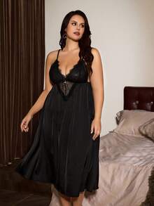 Slumberist Satin Lace Camisole Nightgown, Deep V Criss-Cross Backless, Sensual Sleepwear - Black - View 1