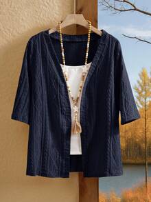 Rusticease Plus Size Women Solid Color Casual Versatile Daily Wear Cardigan - Navy Blue - View 8