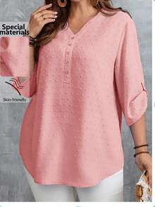 EMERY ROSE Camisa casual con botones y media cartera para mujer de talla grande - Rosa - Ver 2