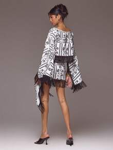 MUSERA Bộ đồ Bardot trễ vai, tua rua, in họa tiết, áo và váy sarong buộc dây, thích hợp cho kỳ nghỉ xuân hè, du lịch Ibiza, phong cách thanh lịch, bãi biển Roja De Sol. - Đen và trắng - Xem 4