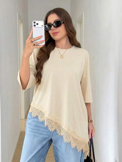 SHEIN LUNE Áo thun nữ cỡ lớn phối ren, vạt áo bất đối xứng, cổ tròn