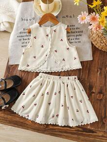 Emery Rose Kids Emery Rose Kids 女童两件套：碎花蕾丝边无袖上衣和裙子 - 杏色 - 查看 3