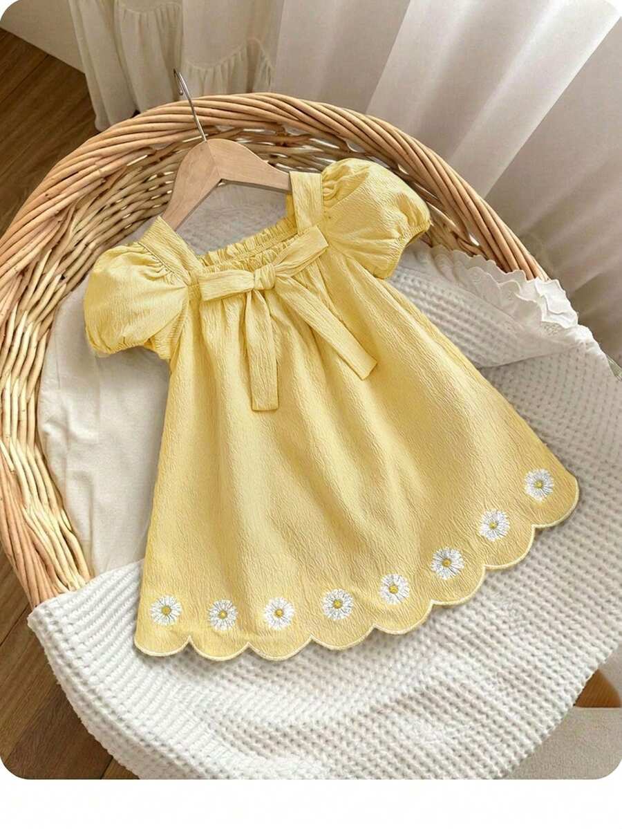 SHEIN 女婴优雅碎花短袖连衣裙 - 芥末黃 - 查看 1