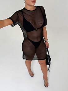 SHEIN SXY 女士纯色圆领透视性感短袖连衣裙 - 黑色 - 查看 5