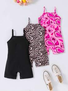 SHEIN Bộ áo liền quần 3 món cho bé gái, họa tiết trái tim kỹ thuật số, họa tiết da báo kỹ thuật số và họa tiết hoa trơn. - Nhiều màu - Xem 2